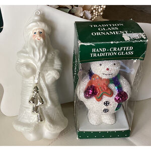 2 Large Christmas Tree Ornaments Glass Snowman & White Father Christmas Santa